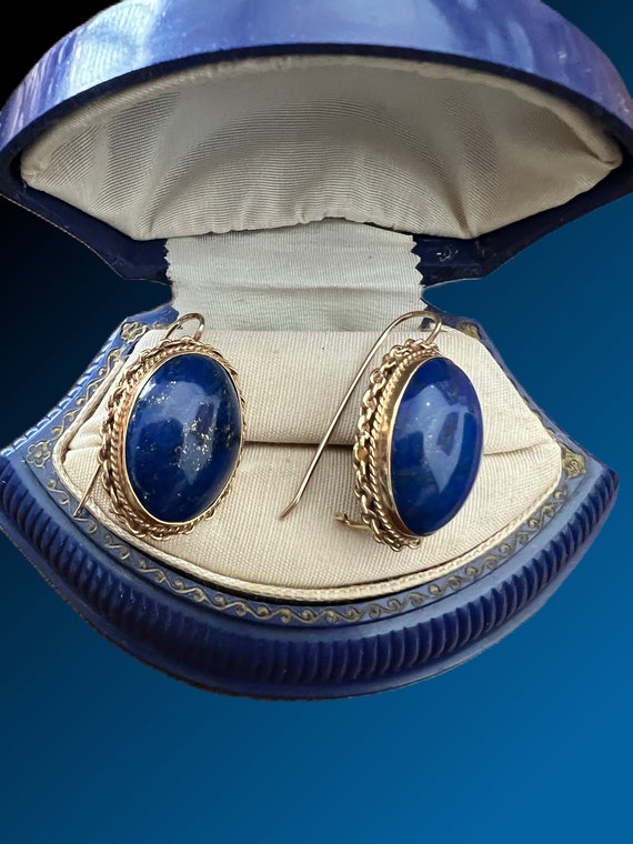 Pair of Antique 14K Gold and Lapis Lazuli Earrings - image 2