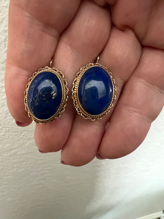 Pair of Antique 14K Gold and Lapis Lazuli Earrings - image 4