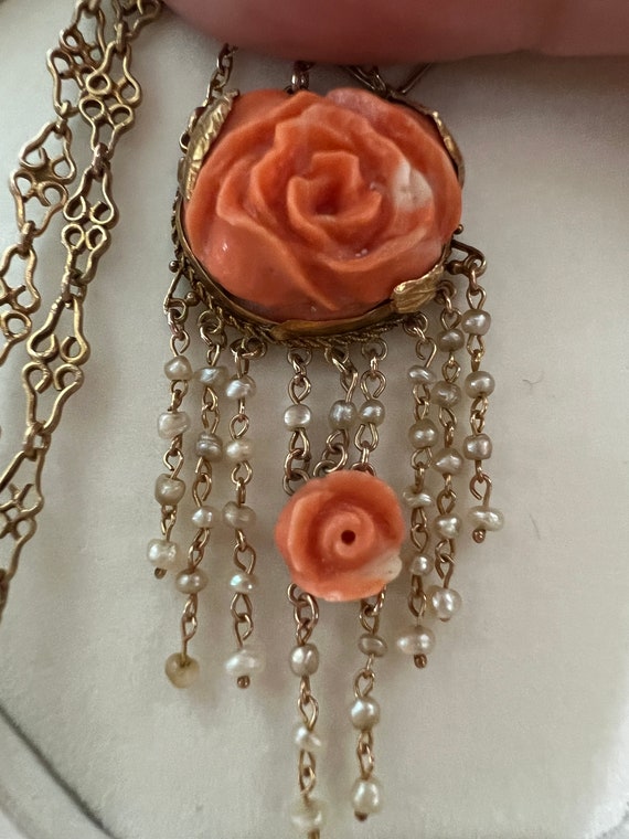 Superb Antique 14k Coral Rose Seed Pearl Lavaliere - image 4