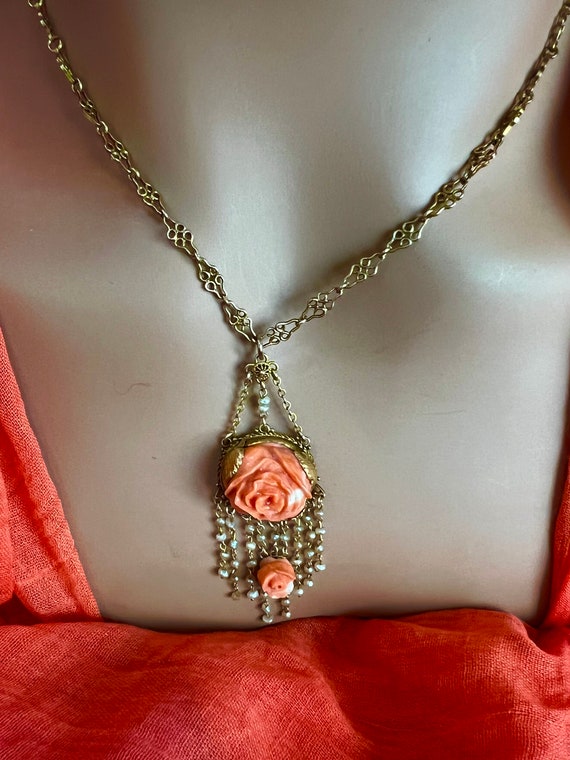 Superb Antique 14k Coral Rose Seed Pearl Lavaliere - image 3