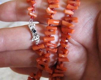 Art Deco Coral Branch Necklace with 14K Gold Filigree Clasp
