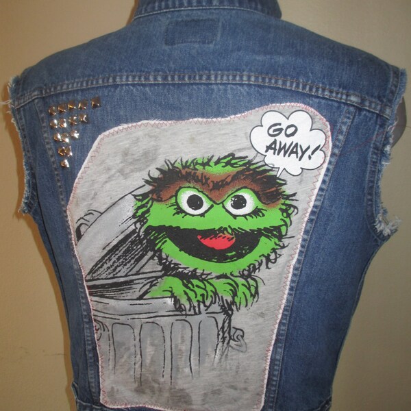 Upcycled Denim Vest Oscar the Grouch in his Garbage Can jean jacket handmade patch Sesame Street Unisex Mens XL Womens 2X L