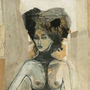 Mature, original drawing, &quot;Hommage à Leonor Fini XV&quot;, mixed media on paper and collage, 10&quot;x8&quot;