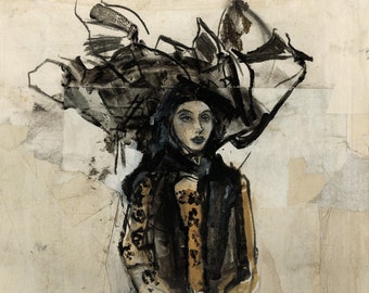 Original drawing, "Hommage à Leonor Fini XXIII", mixed media on paper-collage, 25"x15"