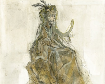 Originele tekening, "Hommage à Gainsborough XXV", gemengde techniek op papiercollage, 72 x 50 cm