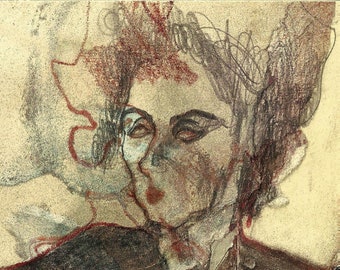 Original drawing, "Hommage à Leonor Fini VII", mixed media on paper and collage, 6"x4" vintage style