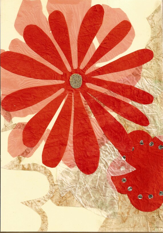 Items similar to Original PaperCollage Asian Art japanese Flowers red