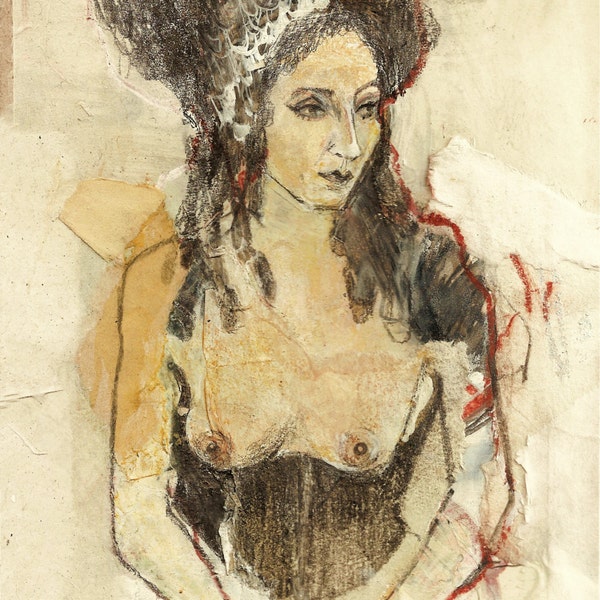 Original drawing mixed media on paper and collage 9,1"x5,7" female nude topless with corsage "Hommage à Beardsley XIV"