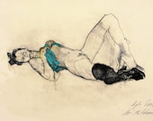 Mature, original drawing, "Hommage à Schiele II", mixed media on paper, nude girl with black stockings high heels, 12"x17"