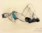 Mature, original drawing, "Hommage à Schiele II", mixed media on paper, nude girl with black stockings high heels, 12"x17"