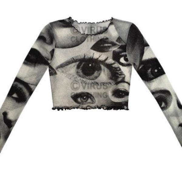 Eyes Mesh Crop Top Long Sleeve Black & white