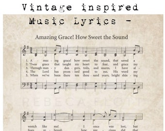 Vintage inspired Amazing Grace Lyrics - Ready to print Digital Download