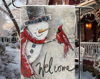 The snowman Cardinal Garden flag, Garden Flag Cardinal, Cardinal Welcome flag, Welcome flag winter, Winter Garden Flag, by Rebeca Flott Arts