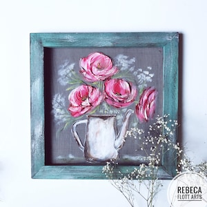 Screen Art by Rebeca Flott ,Original,Pink peonies on teal, Original art on window screen
