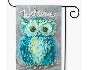 Owl Yard Flag, Teal Owl Garden Flag, Rebeca Flott Arts Garden Flags