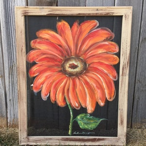 Orange Gerbera daisy, flower on window screen ,porch decor, rustic decor