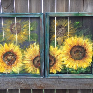 Set of 2 Sunflower Art MADE TO ORDER- Original Art, sunflower,recycled wood frame, painted on screen sunflower painting. sunflower