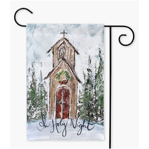 Christmas Chapel, Rustic Garden Christmas Flag By Rebeca Flott Arts