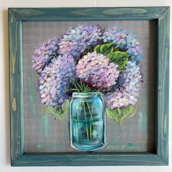 Gramma Patty hydrangeas, Hydrangeas,mason jar and hydrangeas, original, hand painted