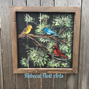 Sweet birds singing, hand painted original  on window screen, porch decor, wall decor, fence decor,rustic art,birds