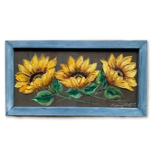 Trinity Sunflowers on Blue Frame, Handmade