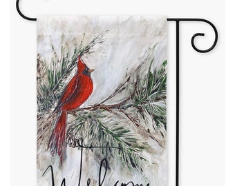Cardinal Garden flag, Garden Flag Cardinal, Cardinal Welcome flag, Welcome flag winter, Winter Garden Flag, by Rebeca Flott Arts