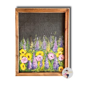 wildflowers, window screen, recycled wood frame, outdoor sign, inside art