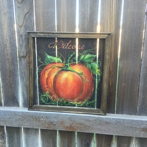 Letrero de bienvenida de calabaza, NUEVO TAMAÑO, decoración de otoño, letrero de puerta, arte de mampara de ventana, pintura a mano