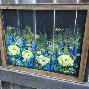 Wild flowers on window screen ,flowers,hand painting original, outdoor and indoor art