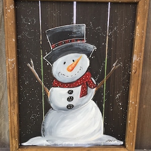 Snowman,Primitive snowman, window screen painting,original,hand painting,outdoor art