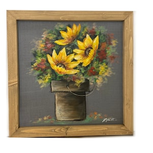 Flowers on the bucket , handpainted on window screen , indoor and outdoor art