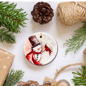 Snowman and the Cardinal , Ceramic ornament, Christmas Personalize, &quot;Friends Forever&quot;