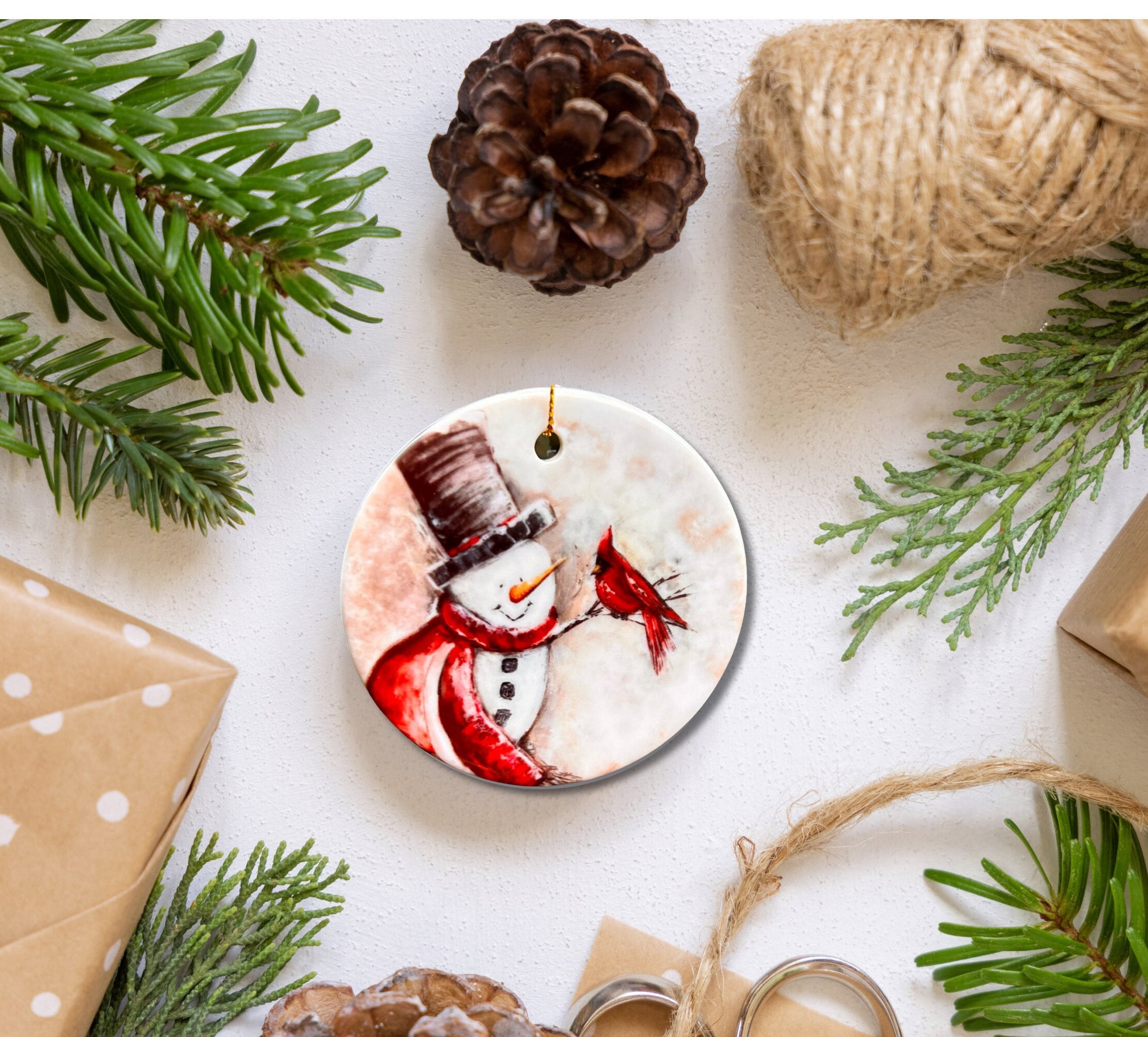 Snowman and the Cardinal , Ceramic Ornament, Christmas Personalize