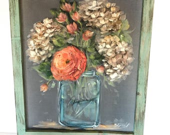 Painted window screen, Beautiful happy flowers, original handpainted, mason jar rustic art, farmhouse style