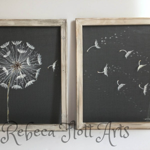 Antique white frame,Dandelion Set of two,Farmhouse style, rustic decor, make a wish,dandelion