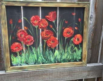 Red poppies gardens,window screen hand painting