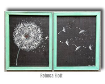 Rustic dandelion on teal , Wood Frame &quot; Dandelion&quot;,Set of two, Flowers, teal