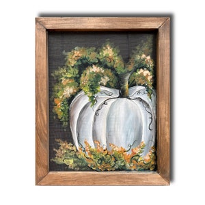 Hand Painted White Pumpkin Fall Art - 16x20 Wood Frame