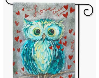 Teal Owl,Valentines Garden Flag, Love Lives Here By Rebeca Flott Arts