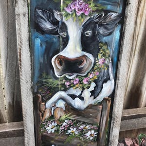 Cow fabulously, hand painted on window screen , originak piece