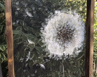 Dandelion on screen,MADE TO ORDER , outdoor art,white dandelion,make a wish,rustic white flower on screen,