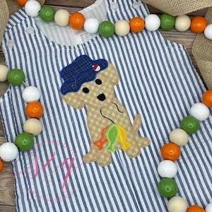 Boys Fishing Dog Jon Jon, Toddler Fishing Outfit, Puppy Shortall for Baby Boy, Summer Outfit with Name