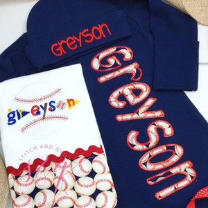 Baseball Baby Gown with Name, Navy Personalized Newborn Gown for Boy, Coming Home Outfit for Baseball Fans