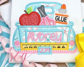 Girls Back to School Shirt with Name, School Supply Truck Shirt, Personalized First Day Outfit for Preschool or Kindergarten