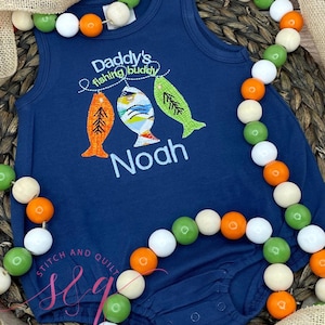 Daddy&#39;s Fishing Buddy Romper with Name, Infant or Toddler Boy Fishing Outfit, Personalized Baby Boy Summer Outfit