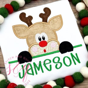 Boys Christmas Reindeer Shirt, Peeking Reindeer Holiday Shirt with Name, Personalized Toddler Christmas Outfit
