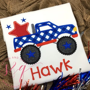 Boys 4th of July Monster Truck Shirt with Name, Toddler Patriotic Outfit, Red White and Blue Shirt for Kids