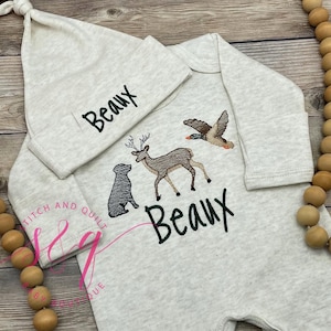 Custom Hunting baby romper with fold over footies, and hat set, personalized coming home outfit, baby shower gift