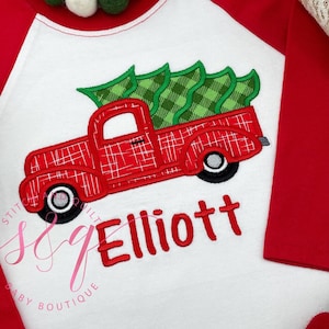 Boy Christmas Shirt Red Truck,  Personalized Red White Raglan Old Red Truck Name Shirt Boy Toddler Baby Youth Shirt