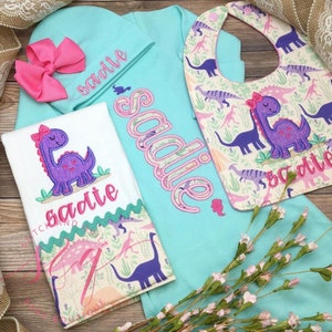 Newborn girl coming home outfit, Personalized Newborn Dinosaur, Going home outfit girl,  Bring home outfit, Baby name gown, Newborn Girl